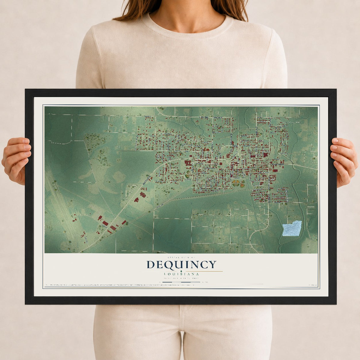 Map of DeQuincy, Louisiana, 12 x 18 inch print in a black wood frame