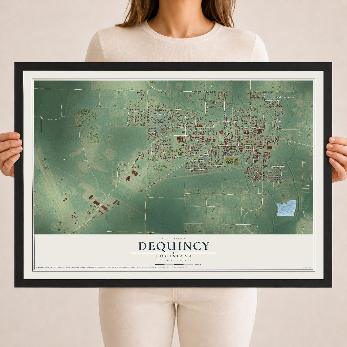 Map of DeQuincy, Louisiana, 18 x 24 inch print in a black wood frame