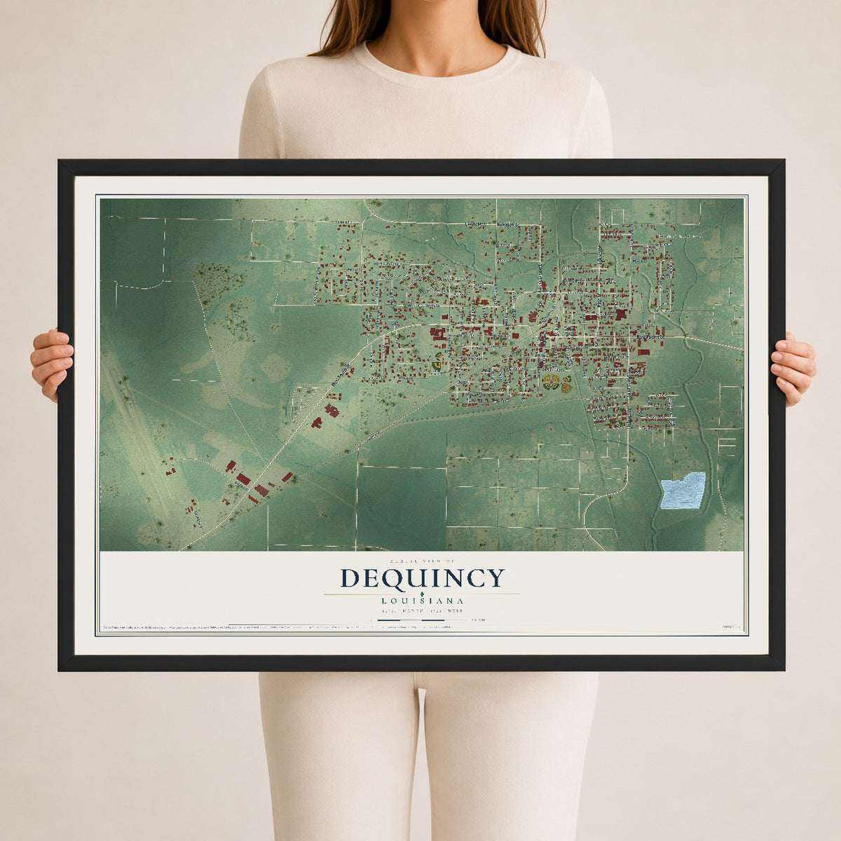 Map of DeQuincy, Louisiana, 24 x 36 inch print in a black wood frame