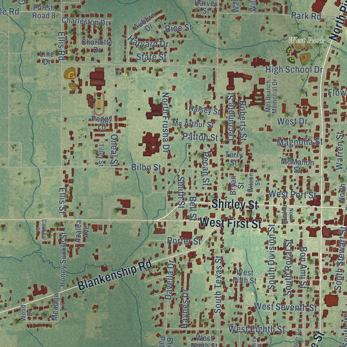 Close-up of the map of DeRidder, Louisiana print showing street and building detail
