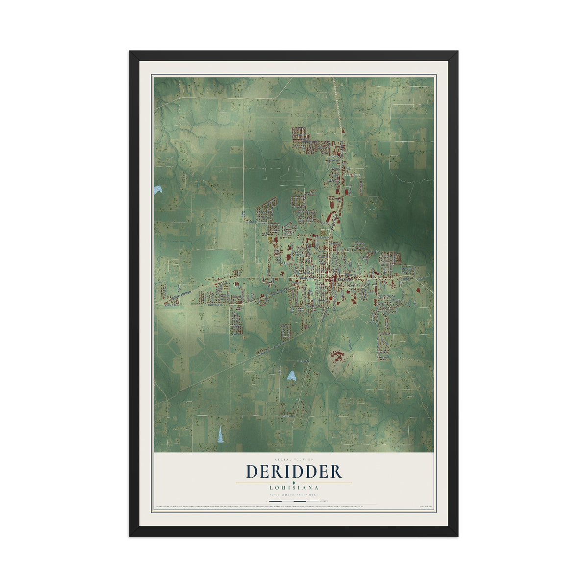 Map of DeRidder, Louisiana, 12 x 18 inch print in a black wood frame