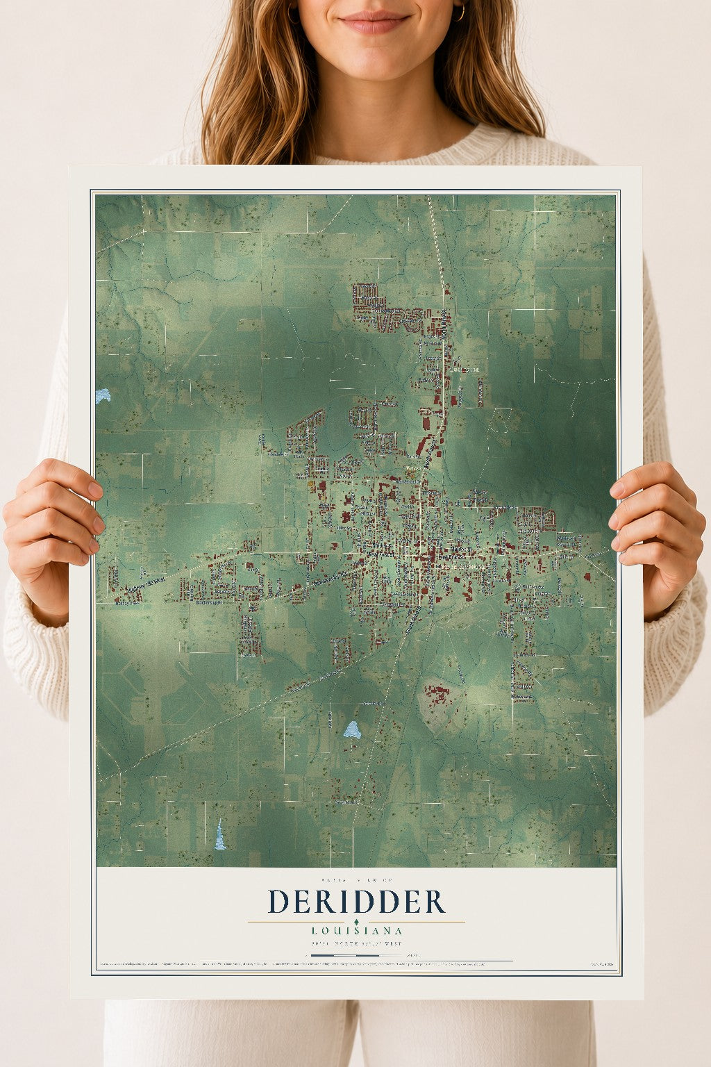 Map of DeRidder, Louisiana, 18 x 24 inch unframed archival matte print