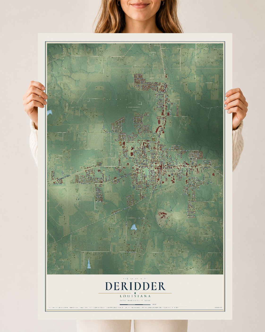 Map of DeRidder, Louisiana, 24 x 36 inch unframed archival matte print
