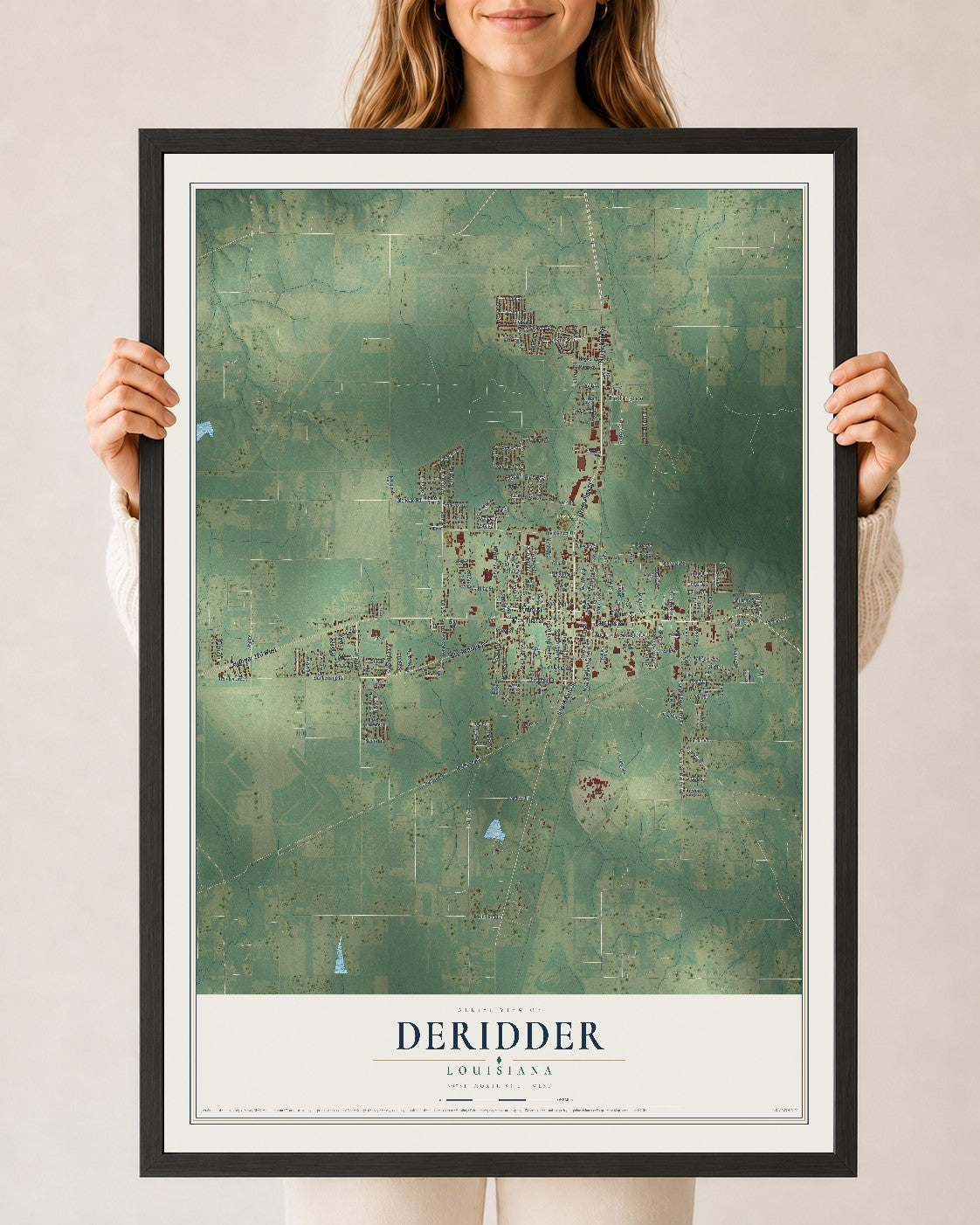 Map of DeRidder, Louisiana, 24 x 36 inch print in a black wood frame