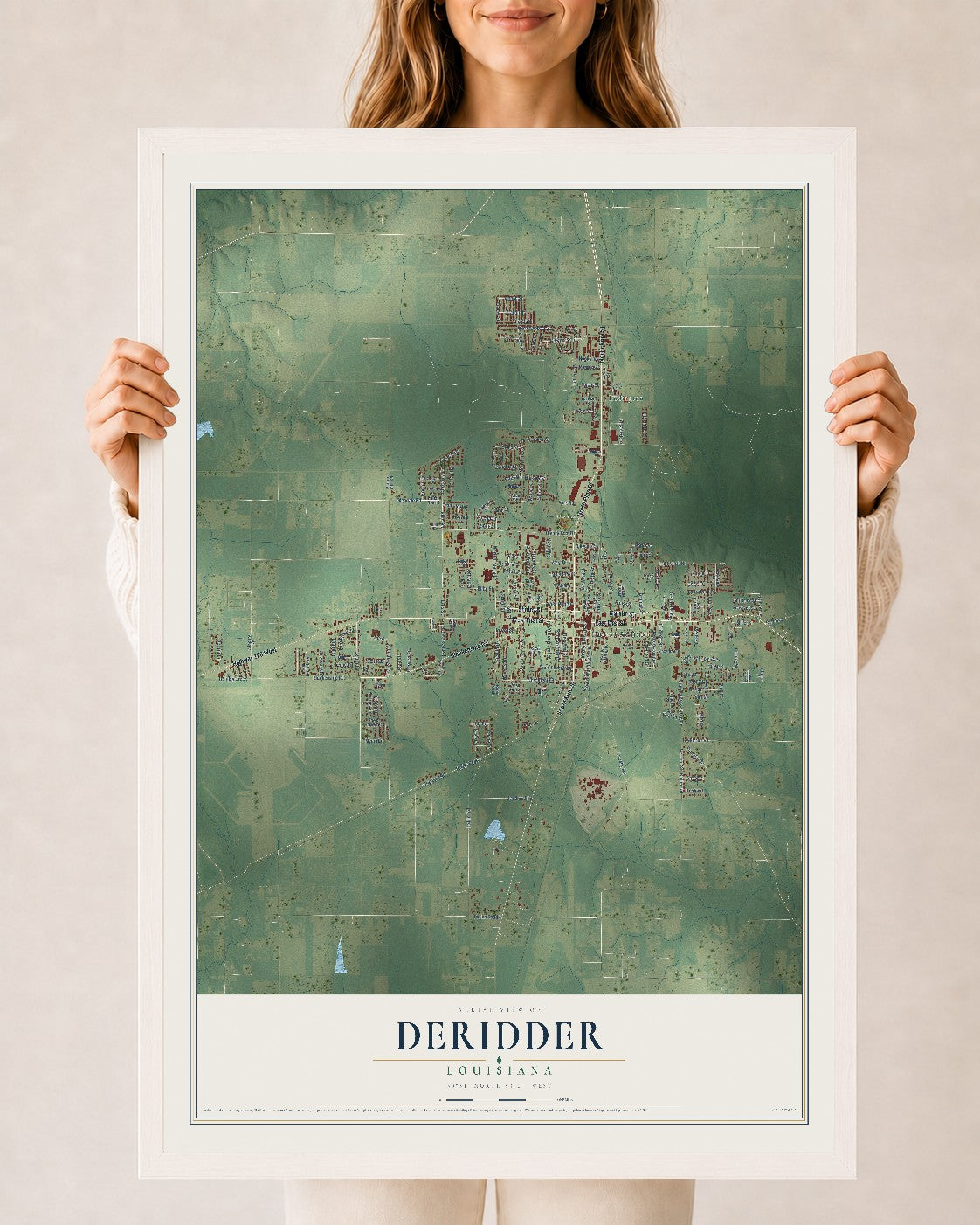 Map of DeRidder, Louisiana, 24 x 36 inch print in a white wood frame
