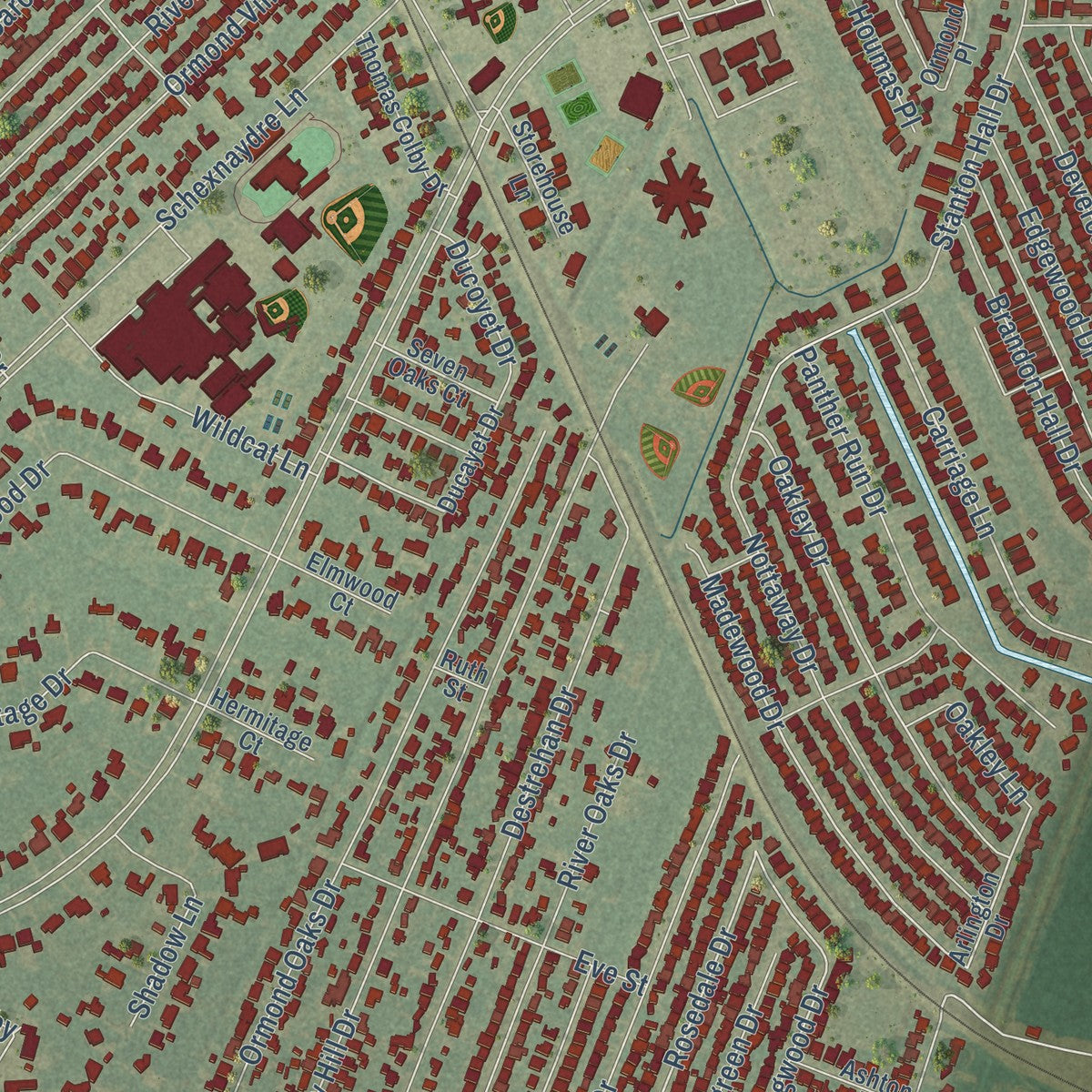 Close-up of the map of Destrehan, Louisiana print showing street and building detail