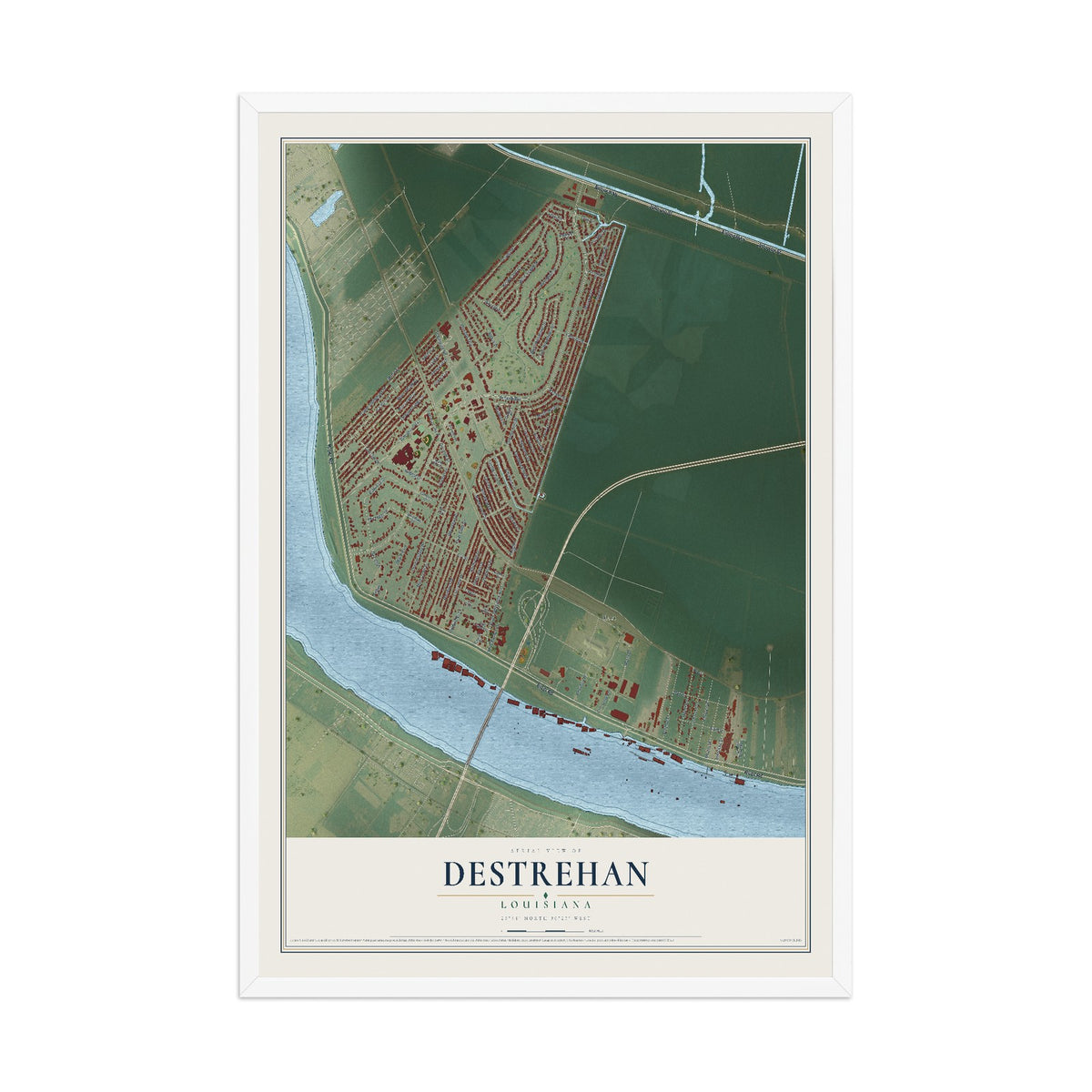 Map of Destrehan, Louisiana, 12 x 18 inch print in a white wood frame