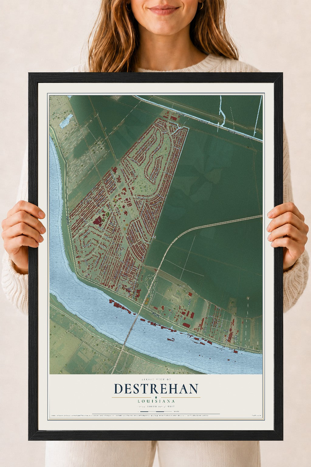 Map of Destrehan, Louisiana, 18 x 24 inch print in a black wood frame