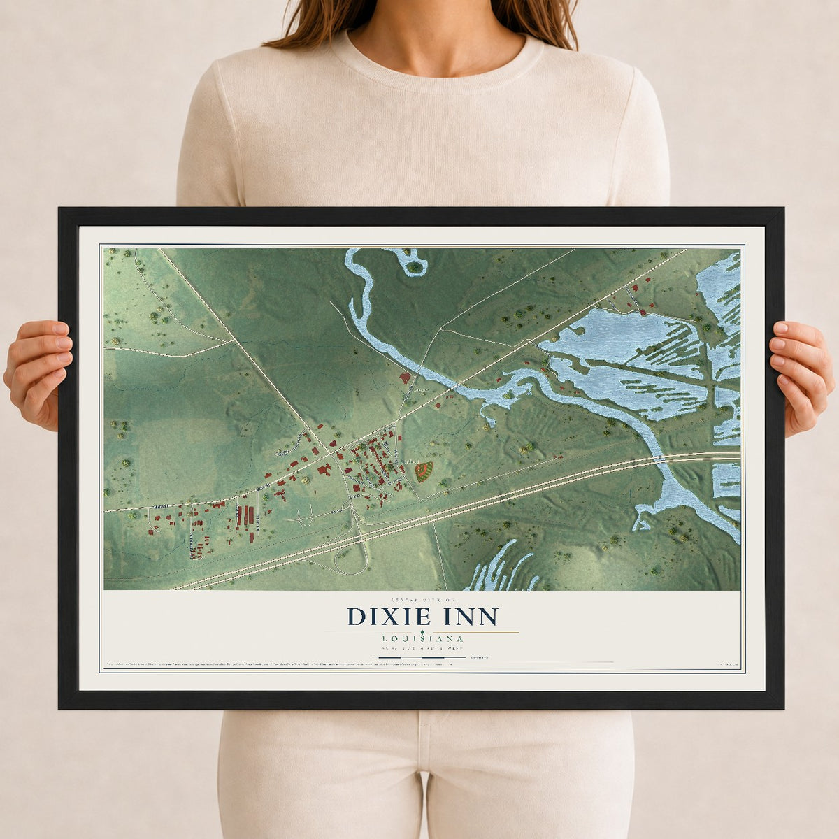 Map of Dixie Inn, Louisiana, 12 x 18 inch print in a black wood frame