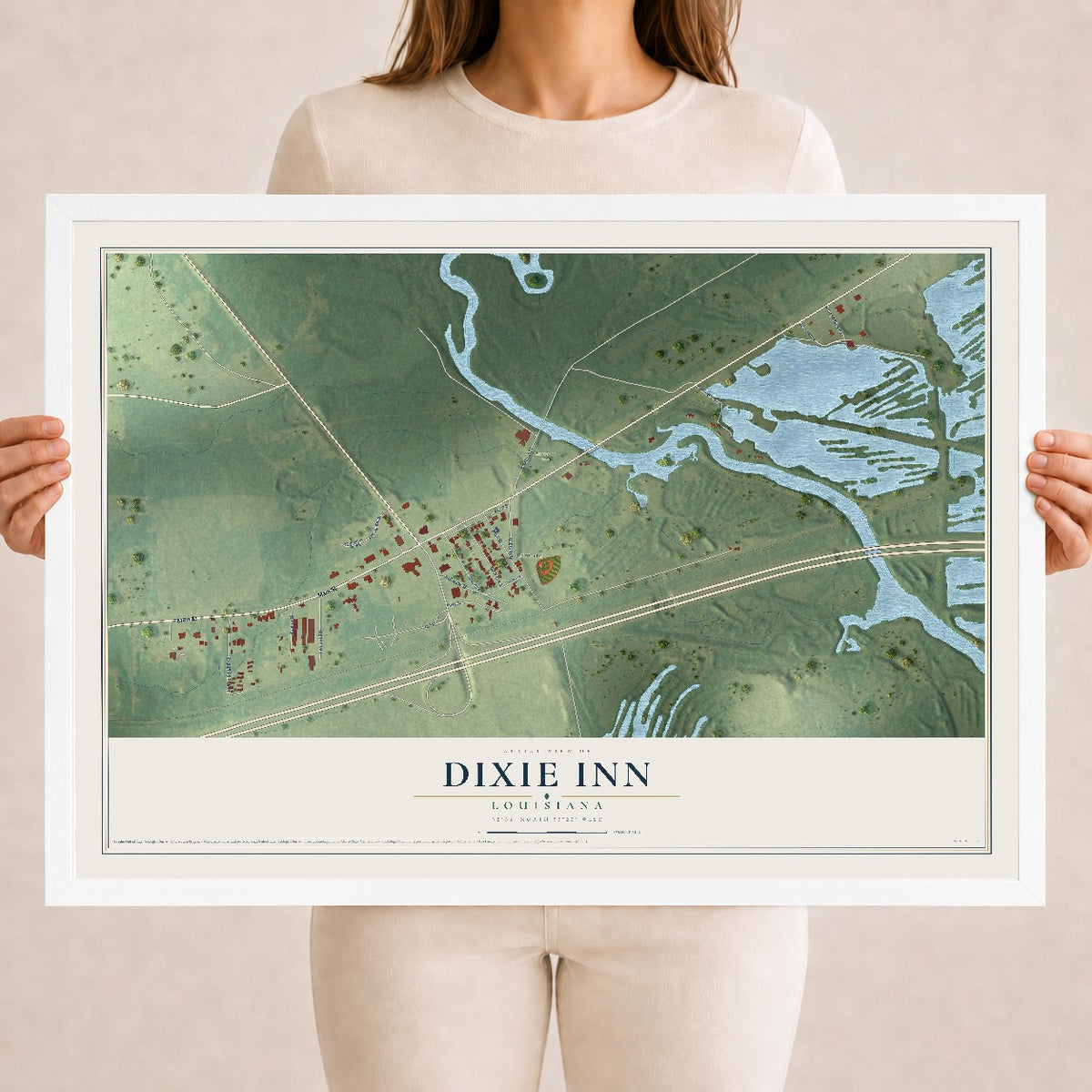 Map of Dixie Inn, Louisiana, 18 x 24 inch print in a white wood frame