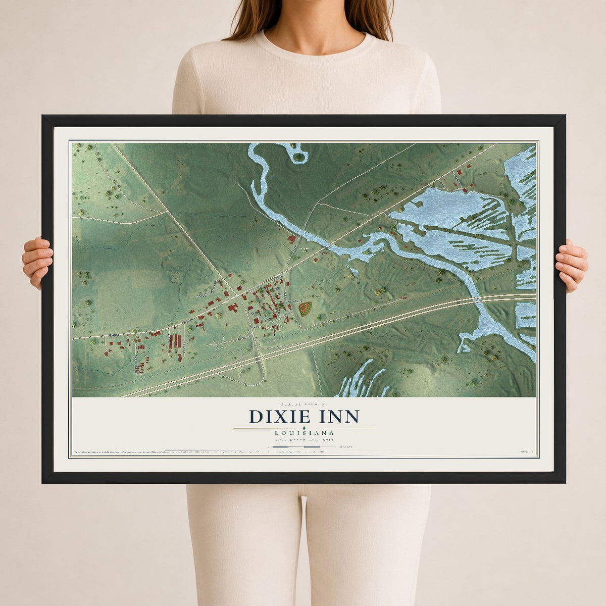 Map of Dixie Inn, Louisiana, 24 x 36 inch print in a black wood frame