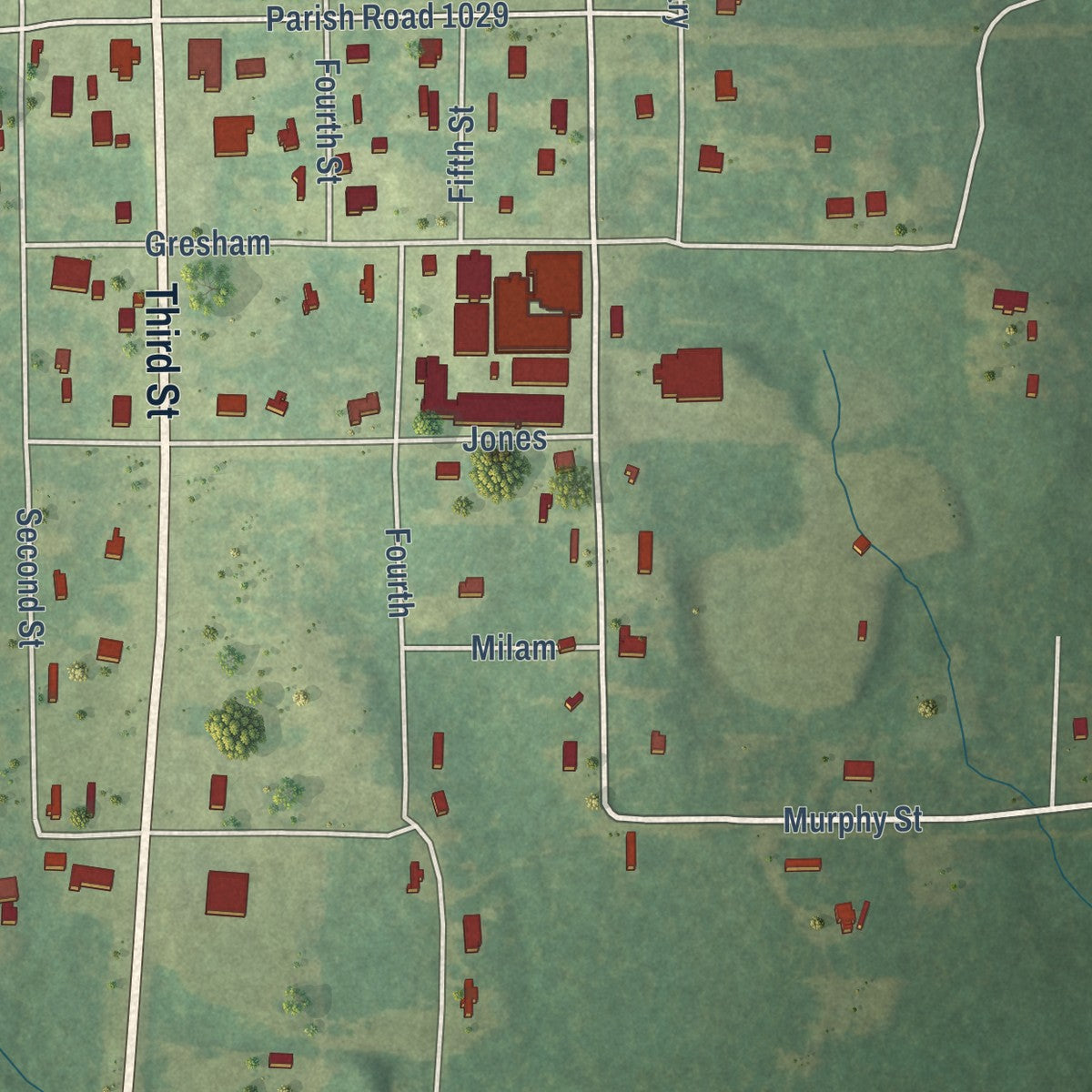 Close-up of the map of Dodson, Louisiana print showing street and building detail