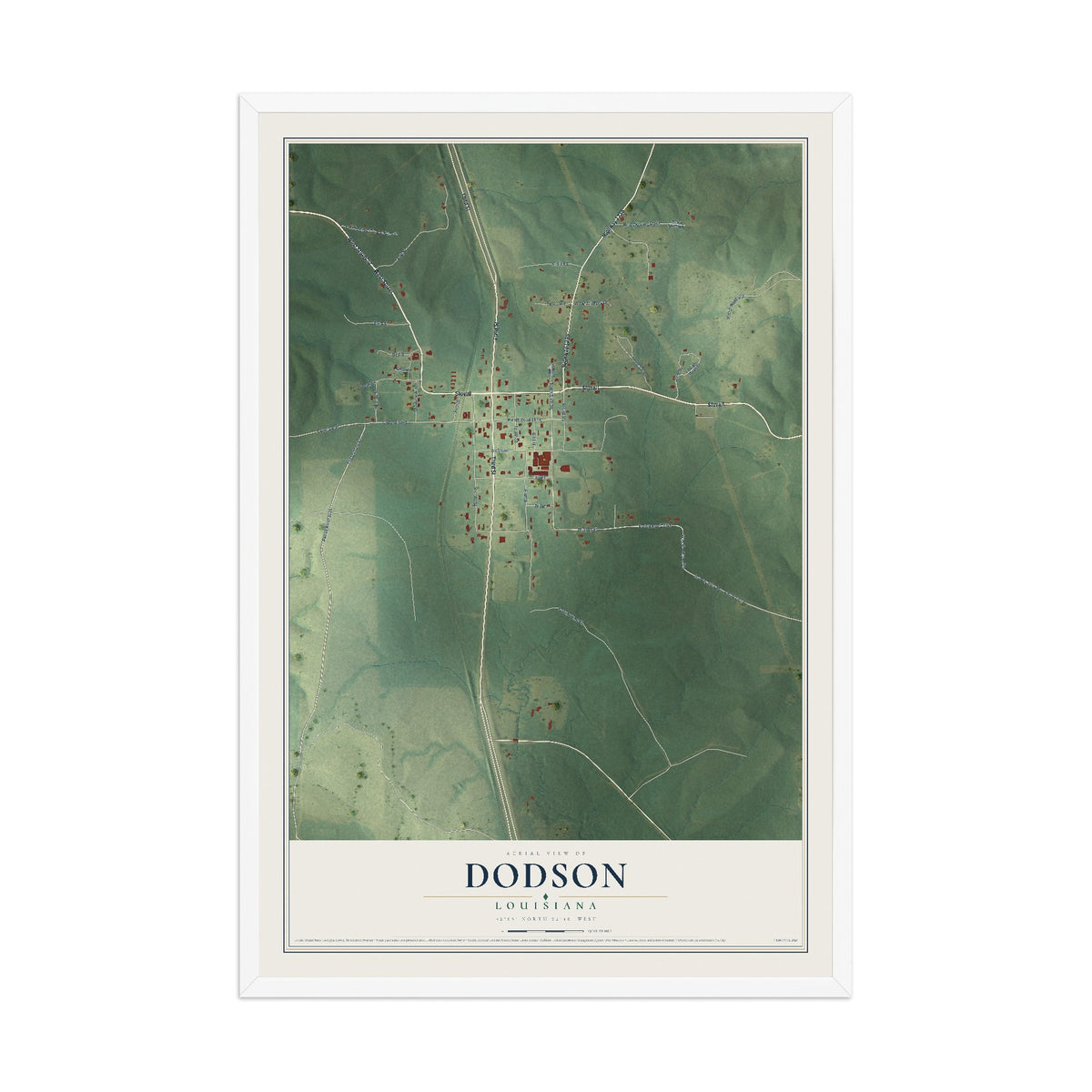 Map of Dodson, Louisiana, 12 x 18 inch print in a white wood frame