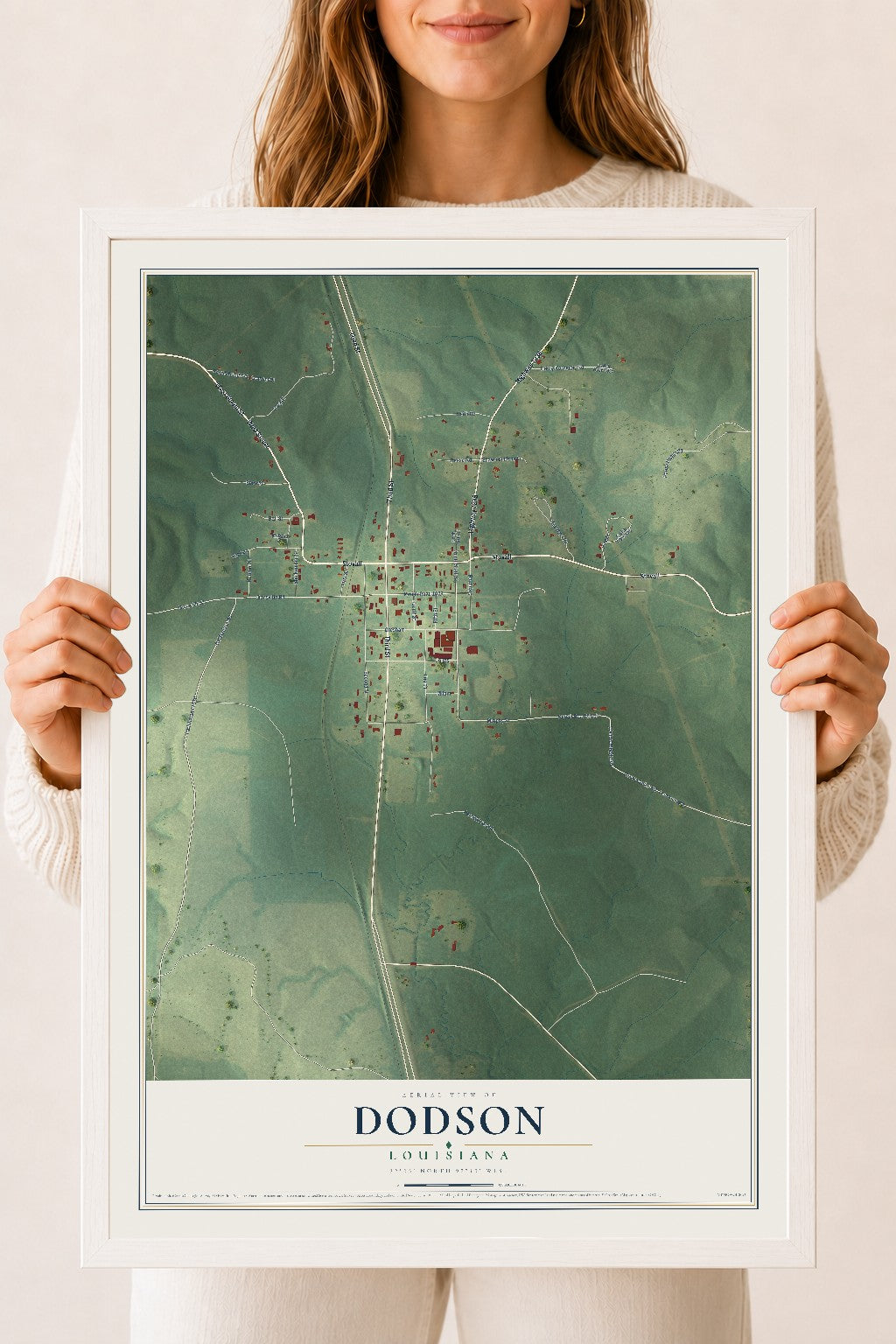 Map of Dodson, Louisiana, 18 x 24 inch print in a white wood frame