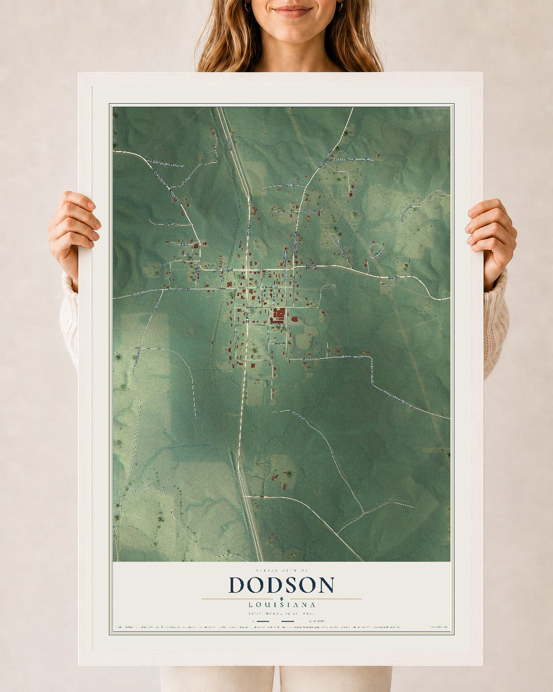 Map of Dodson, Louisiana, 24 x 36 inch print in a white wood frame