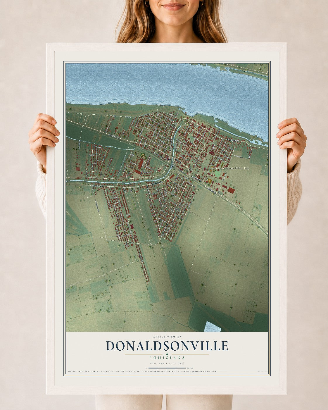 Map of Donaldsonville, Louisiana, 24 x 36 inch print in a white wood frame