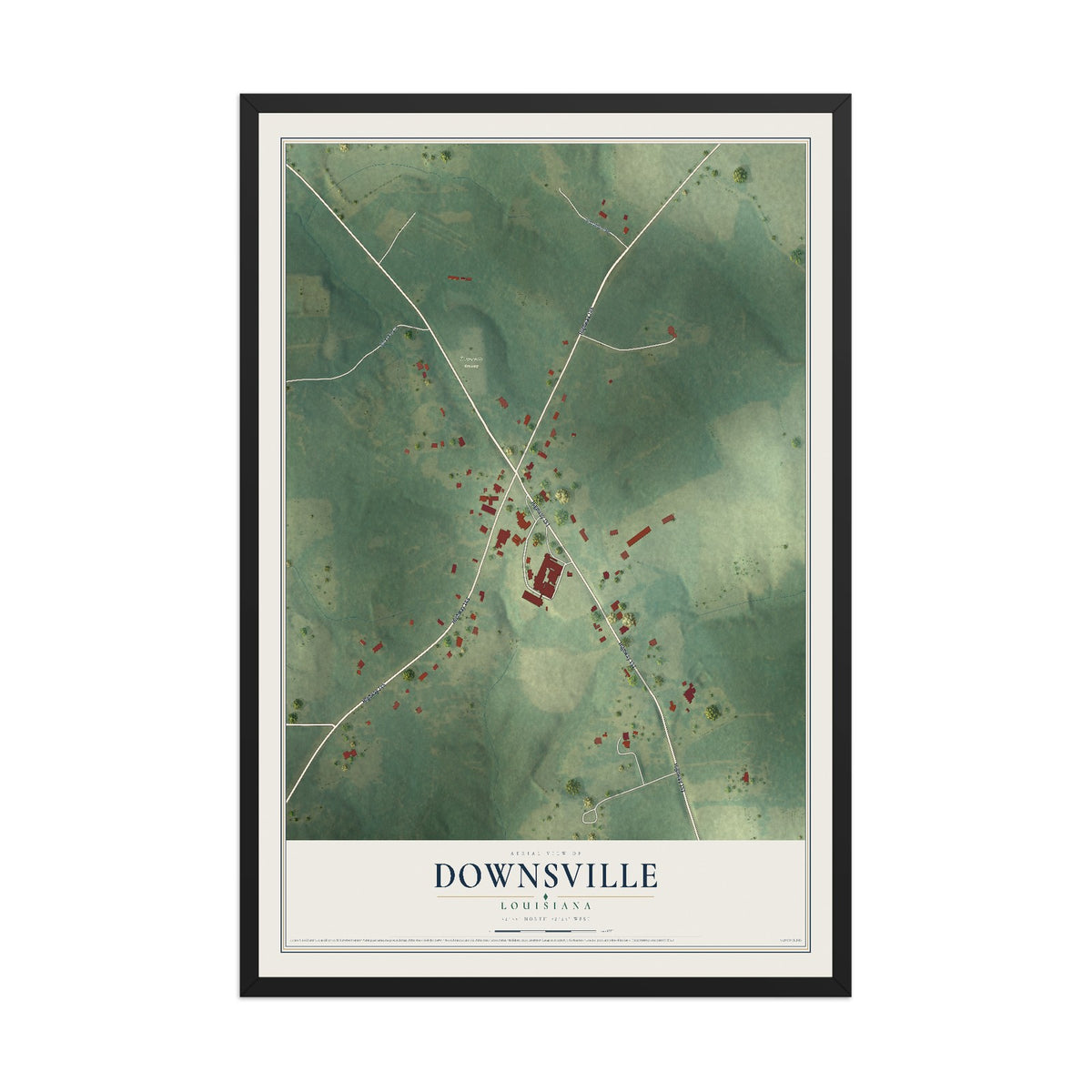 Map of Downsville, Louisiana, 12 x 18 inch print in a black wood frame