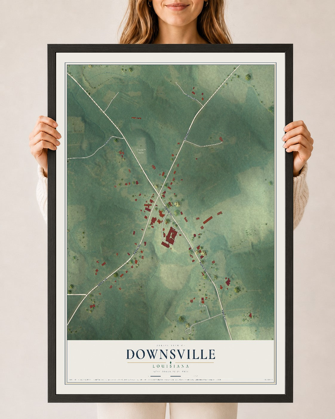 Map of Downsville, Louisiana, 24 x 36 inch print in a black wood frame