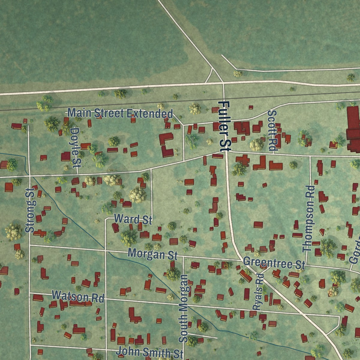 Close-up of the map of Doyline, Louisiana print showing street and building detail
