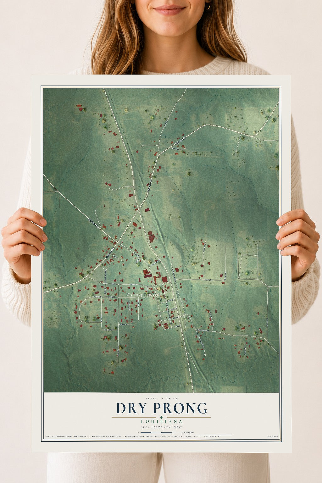 Map of Dry Prong, Louisiana, 18 x 24 inch unframed archival matte print