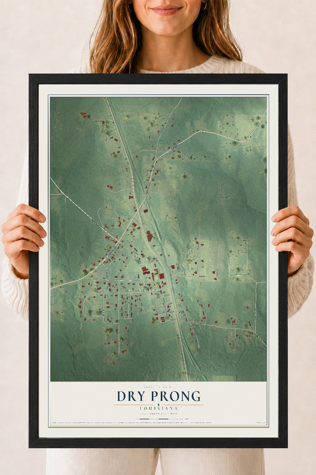 Map of Dry Prong, Louisiana, 18 x 24 inch print in a black wood frame