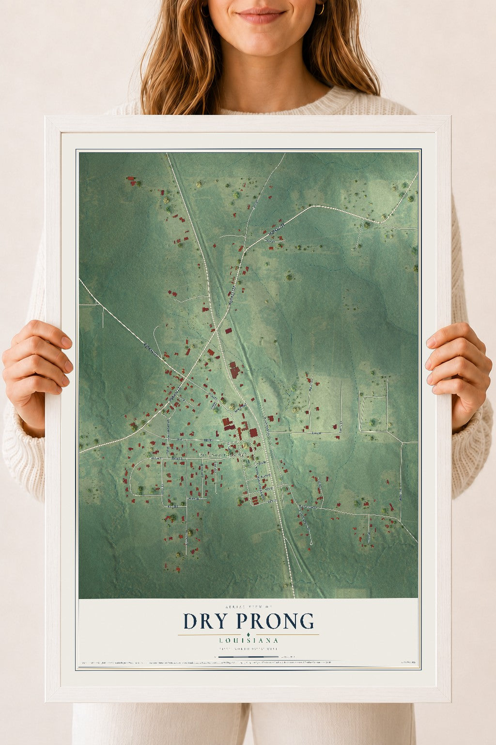 Map of Dry Prong, Louisiana, 18 x 24 inch print in a white wood frame
