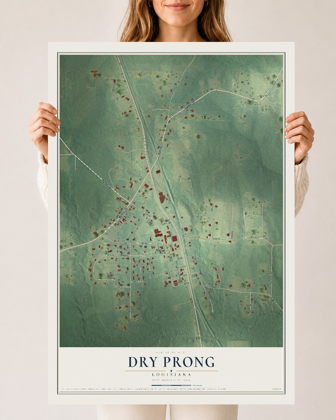 Map of Dry Prong, Louisiana, 24 x 36 inch unframed archival matte print