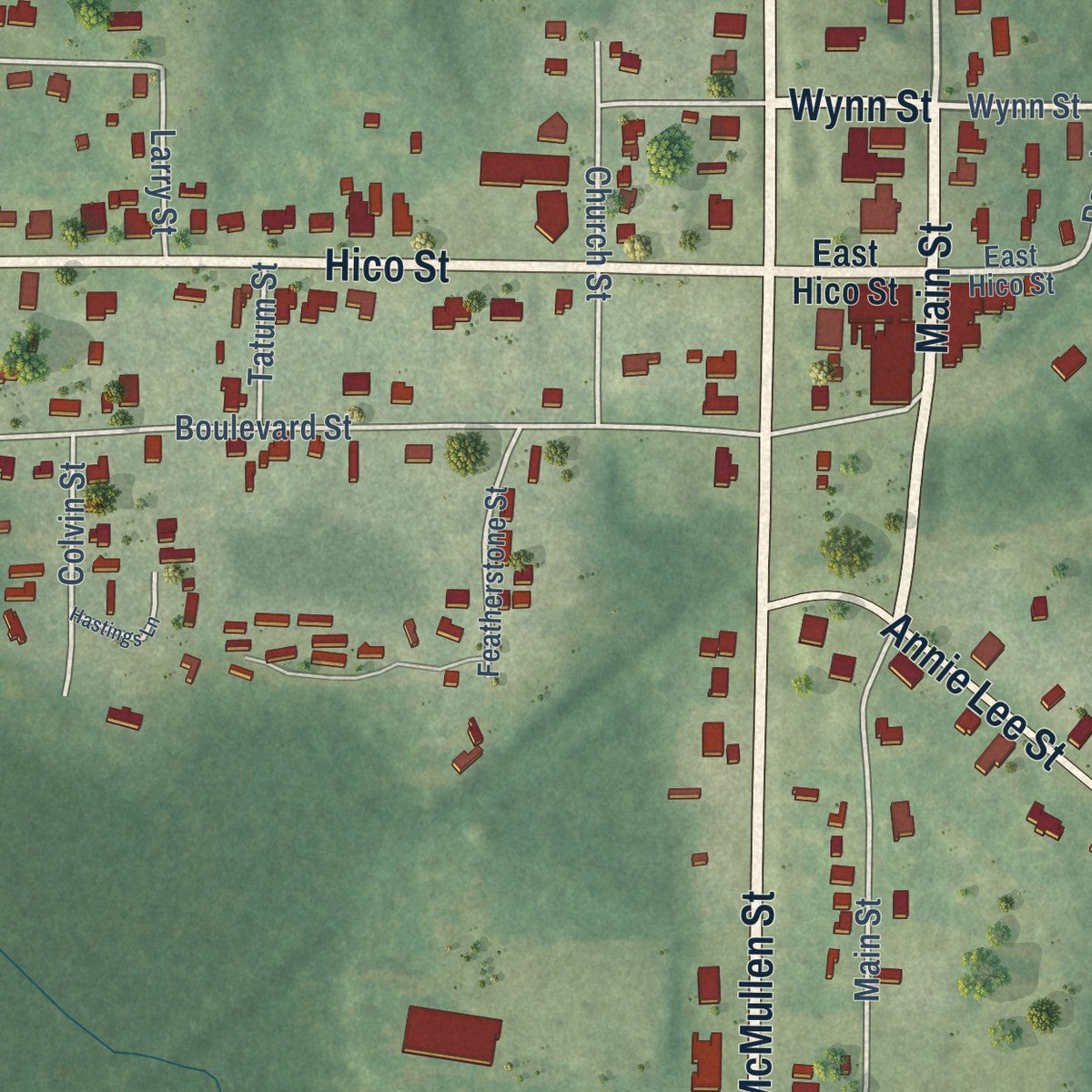 Close-up of the map of Dubach, Louisiana print showing street and building detail