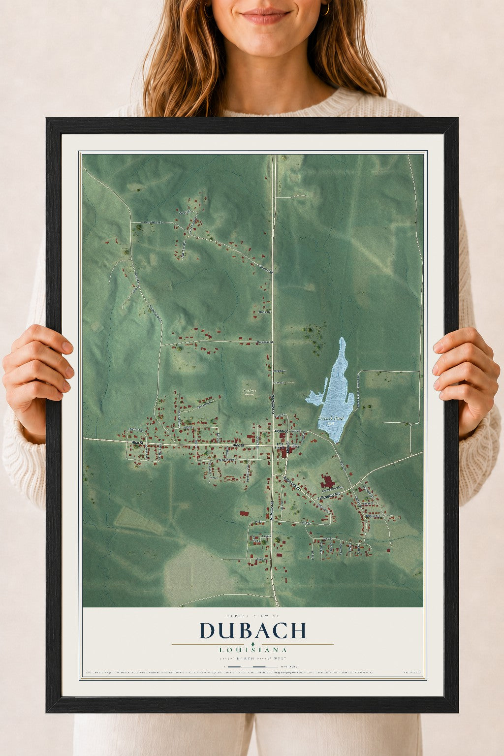 Map of Dubach, Louisiana, 18 x 24 inch print in a black wood frame