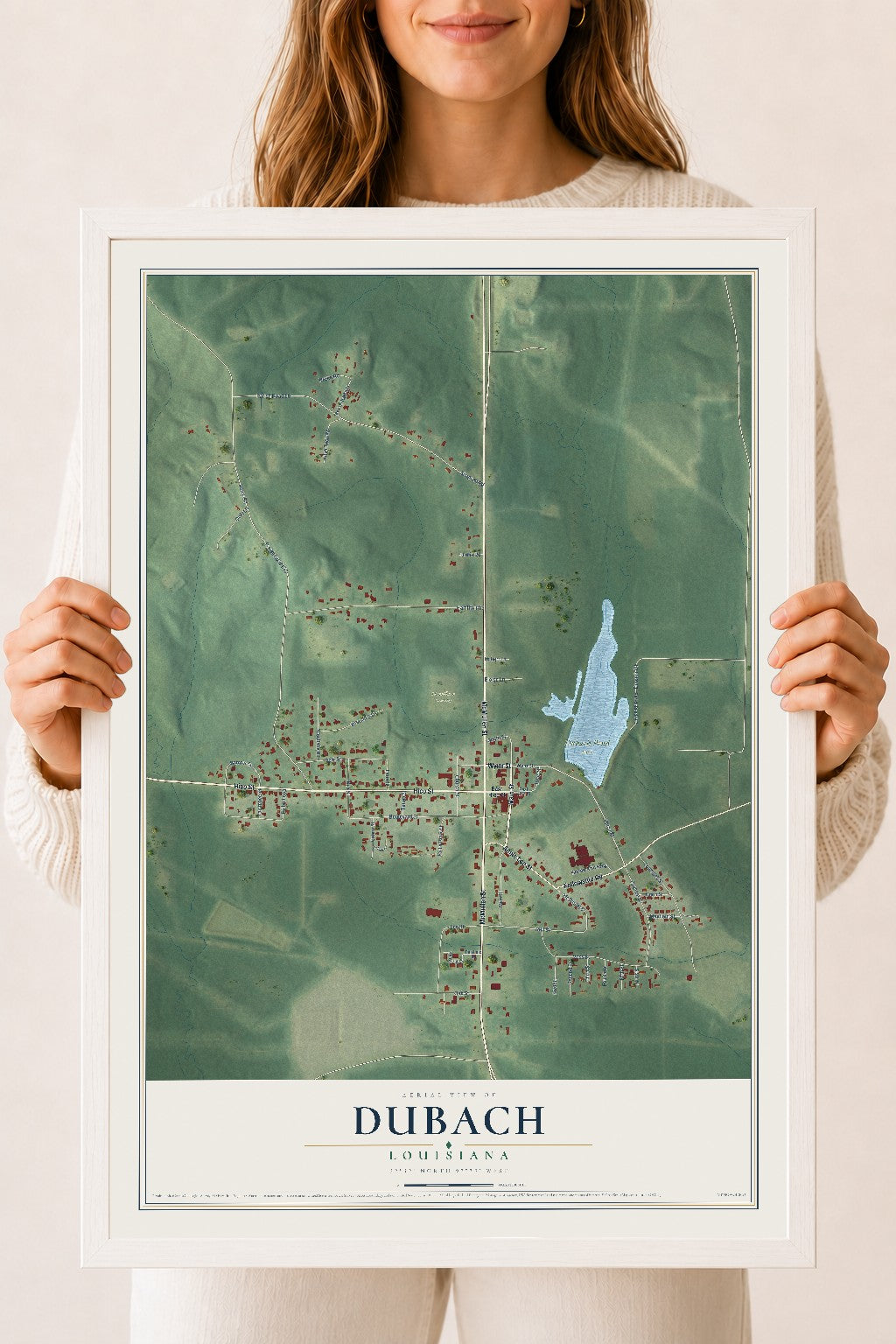 Map of Dubach, Louisiana, 18 x 24 inch print in a white wood frame