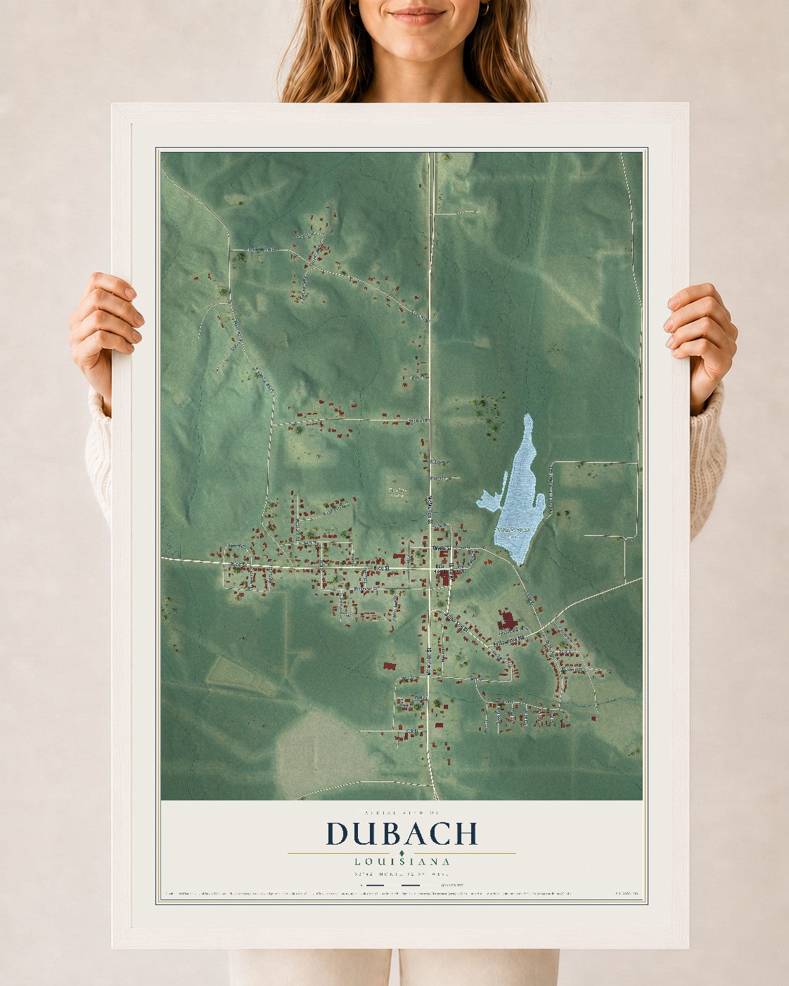 Map of Dubach, Louisiana, 24 x 36 inch print in a white wood frame