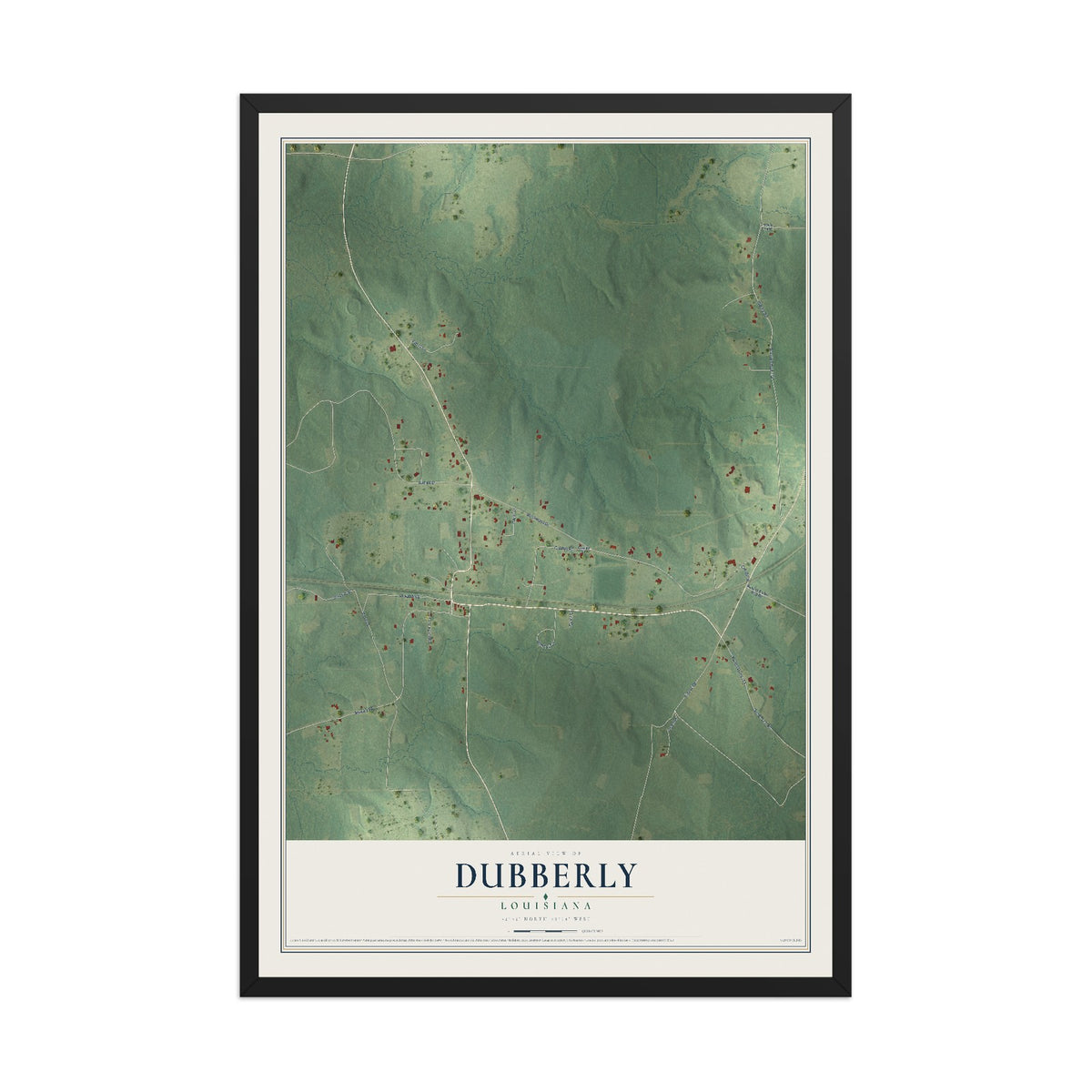 Map of Dubberly, Louisiana, 12 x 18 inch print in a black wood frame