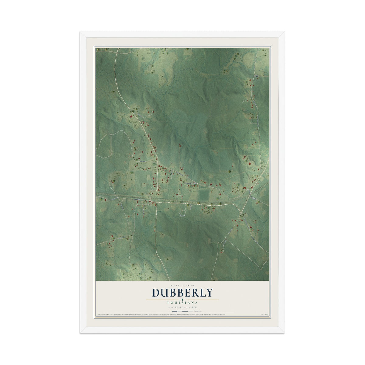 Map of Dubberly, Louisiana, 12 x 18 inch print in a white wood frame