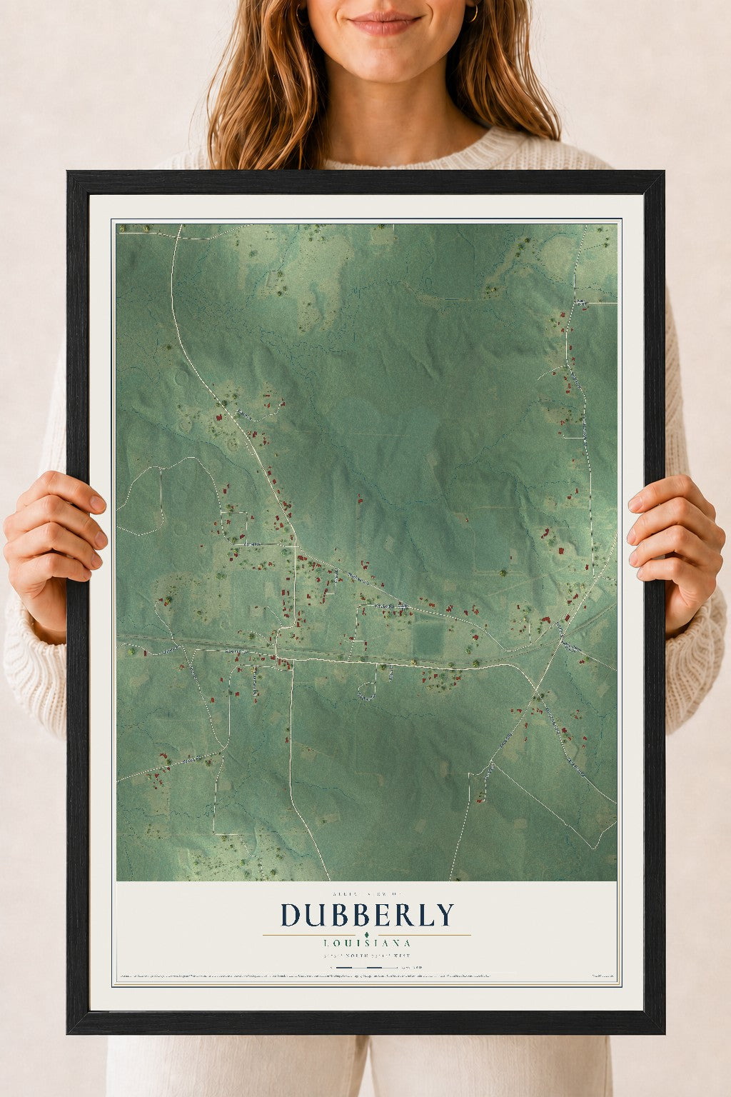 Map of Dubberly, Louisiana, 18 x 24 inch print in a black wood frame