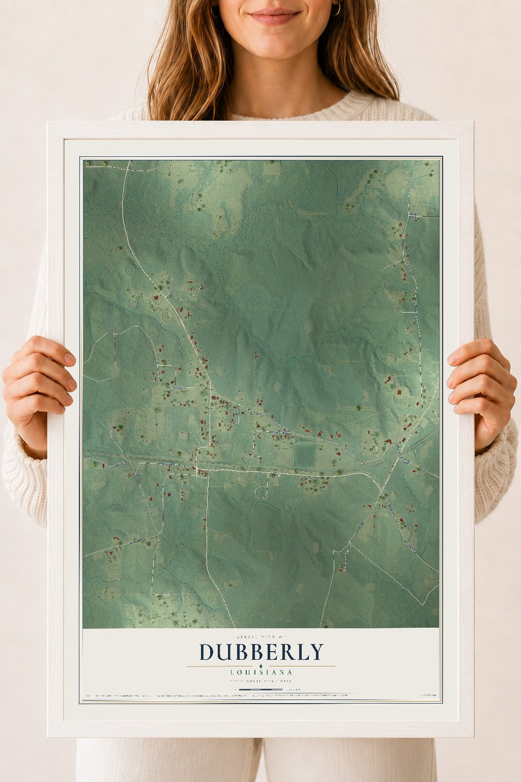 Map of Dubberly, Louisiana, 18 x 24 inch print in a white wood frame