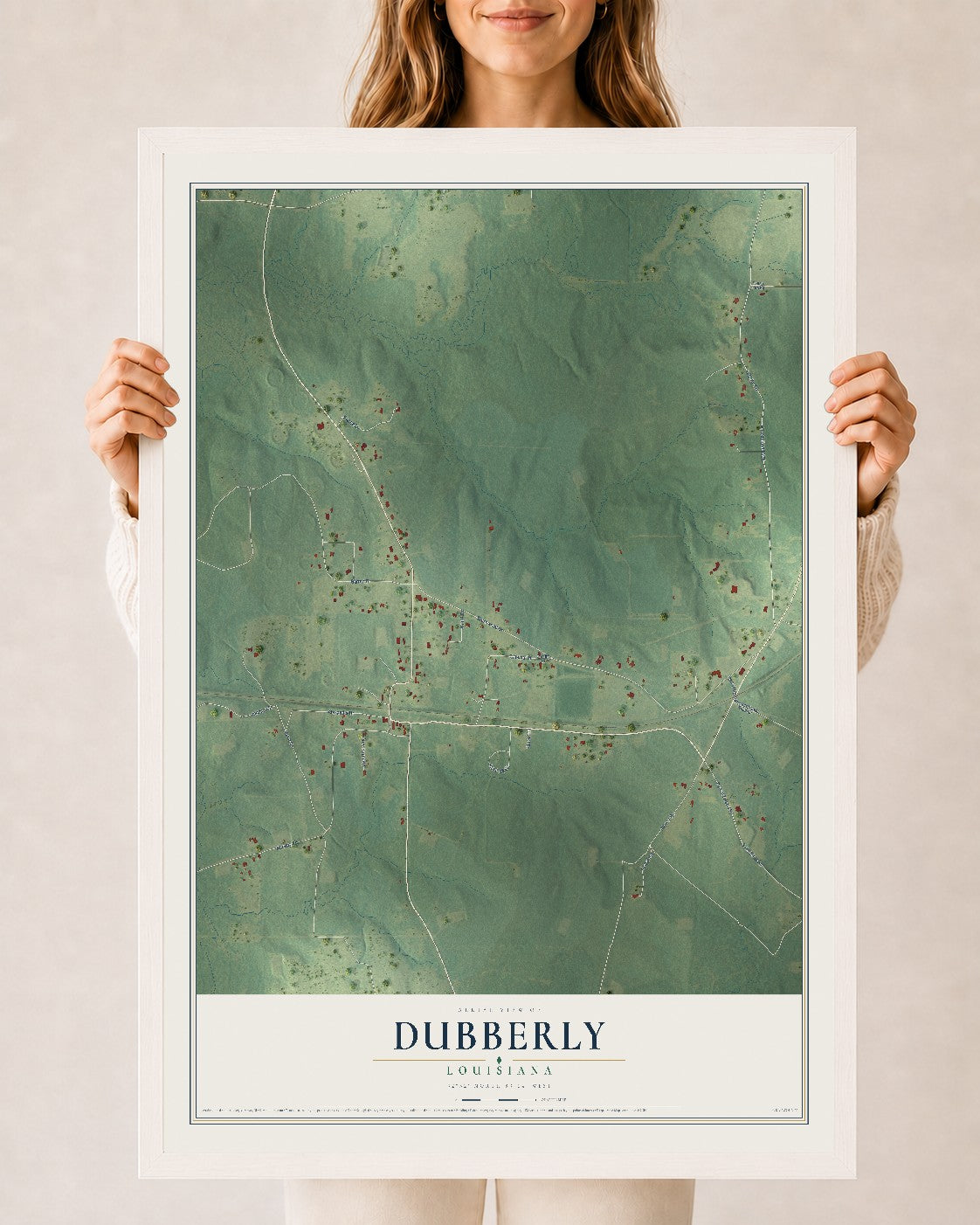 Map of Dubberly, Louisiana, 24 x 36 inch print in a white wood frame