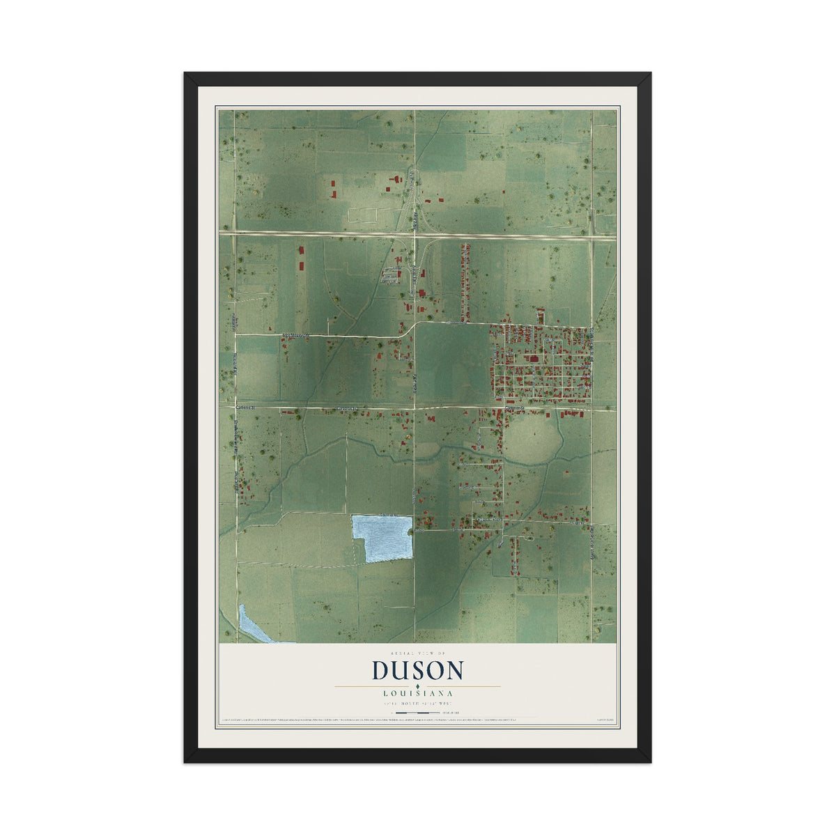 Map of Duson, Louisiana, 12 x 18 inch print in a black wood frame