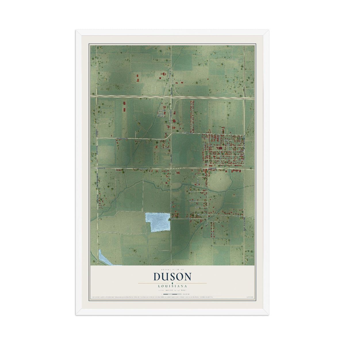 Map of Duson, Louisiana, 12 x 18 inch print in a white wood frame