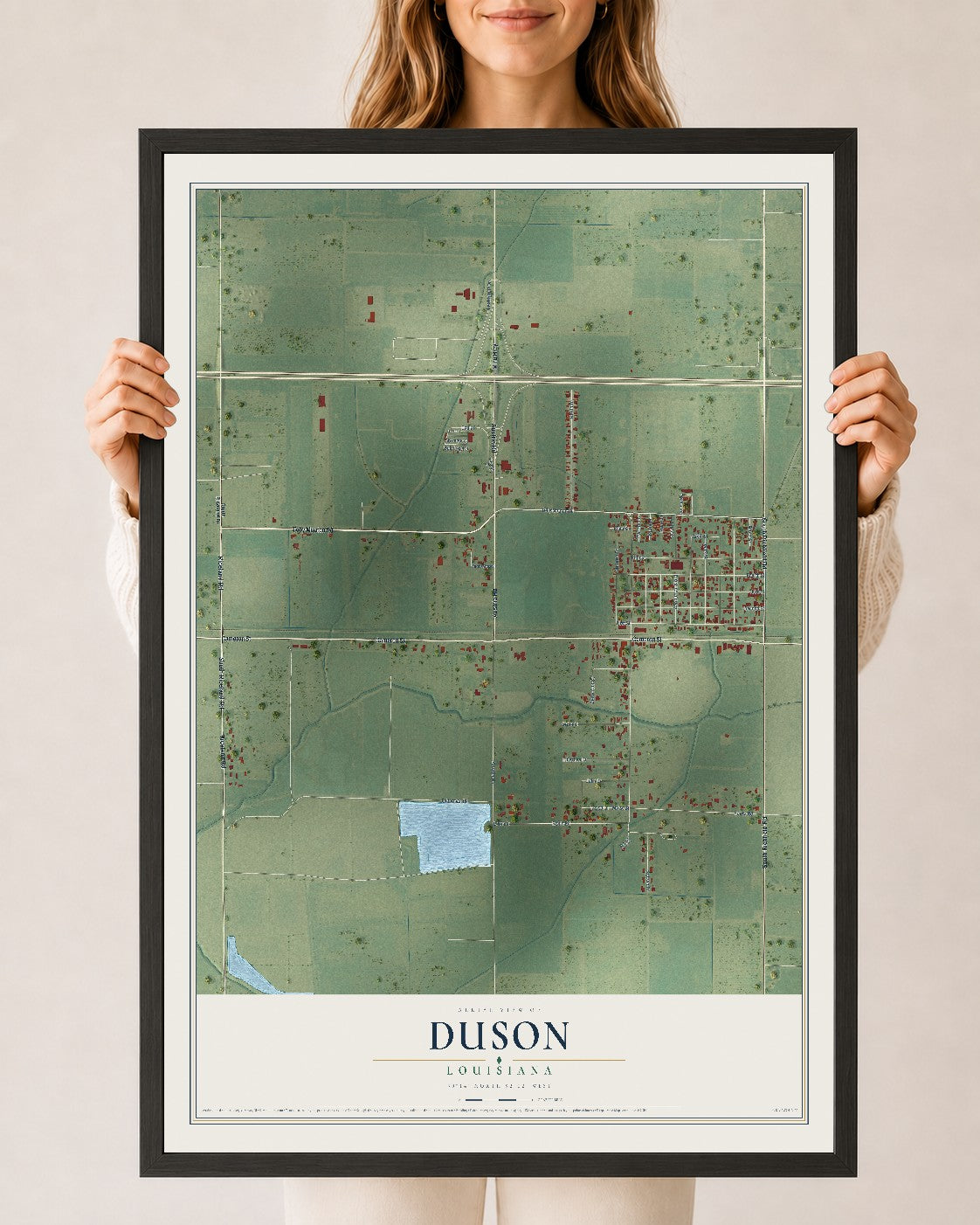 Map of Duson, Louisiana, 24 x 36 inch print in a black wood frame