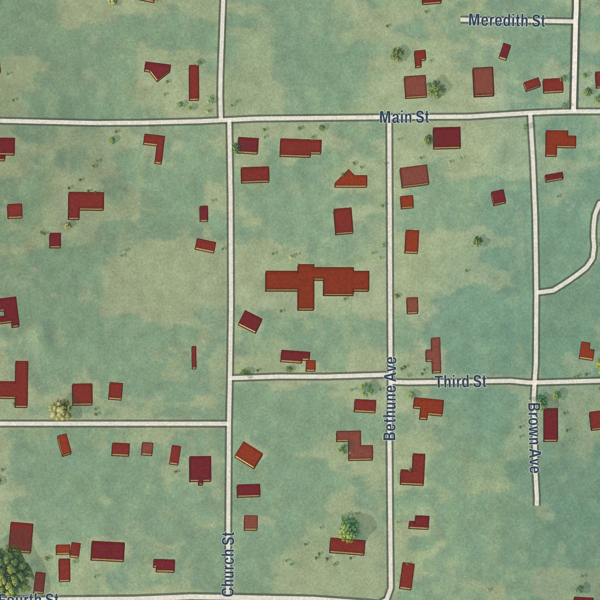 Close-up of the map of East Hodge, Louisiana print showing street and building detail