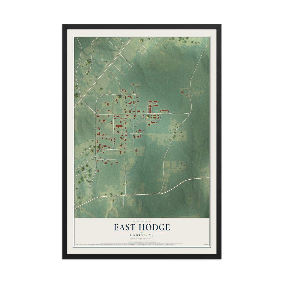 Map of East Hodge, Louisiana, 12 x 18 inch print in a black wood frame