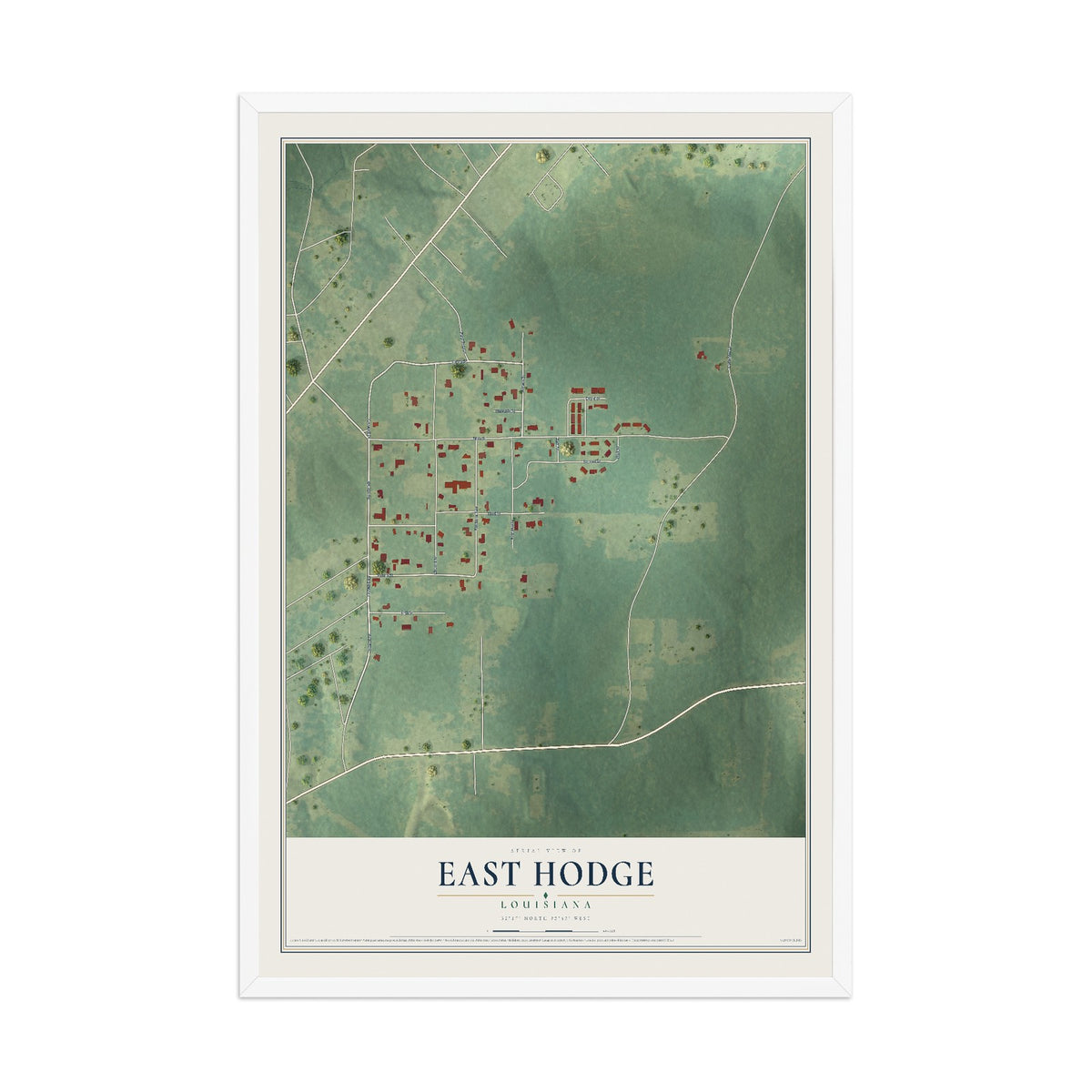 Map of East Hodge, Louisiana, 12 x 18 inch print in a white wood frame