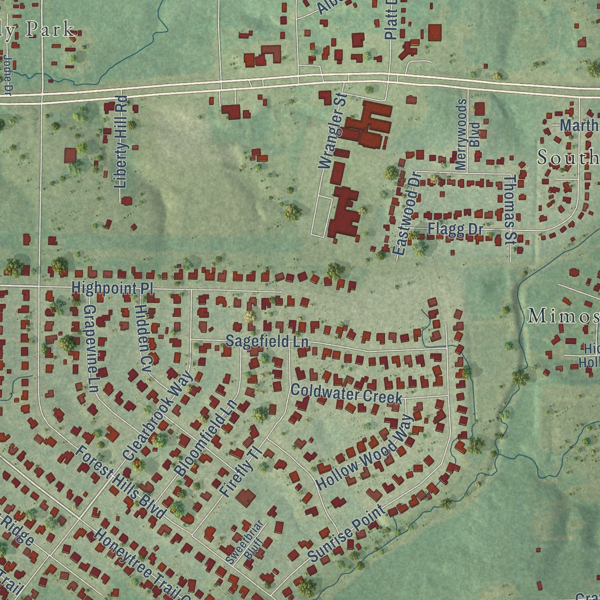 Close-up of the map of Eastwood, Louisiana print showing street and building detail