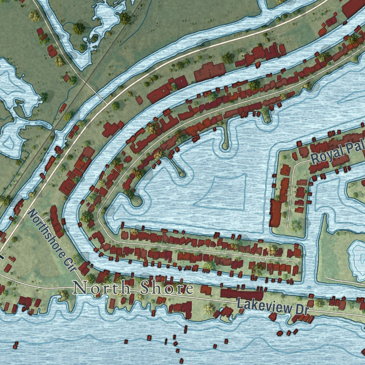 Second close-up of the map of Eden Isle, Louisiana print showing more streets and buildings