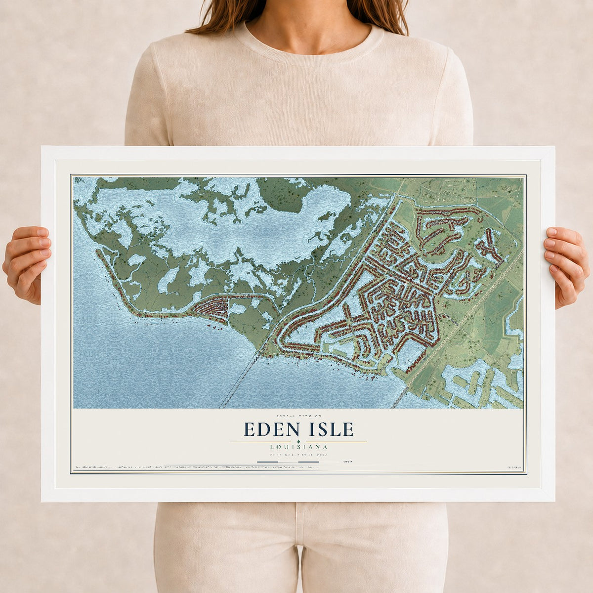 Map of Eden Isle, Louisiana, 12 x 18 inch print in a white wood frame
