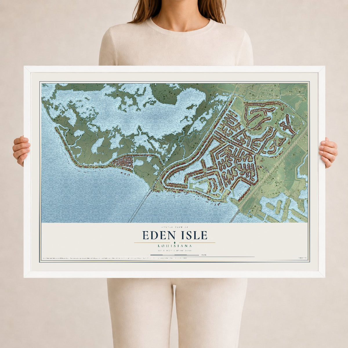Map of Eden Isle, Louisiana, 24 x 36 inch print in a white wood frame