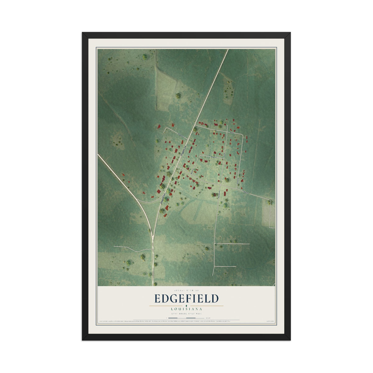 Map of Edgefield, Louisiana, 12 x 18 inch print in a black wood frame