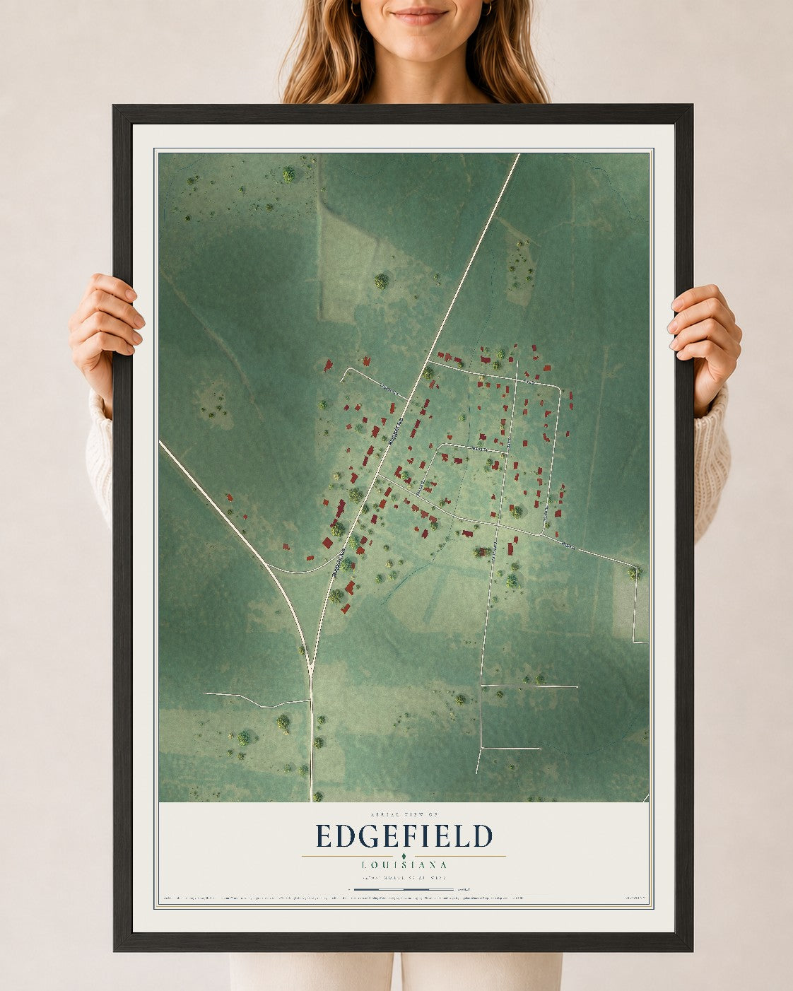 Map of Edgefield, Louisiana, 24 x 36 inch print in a black wood frame
