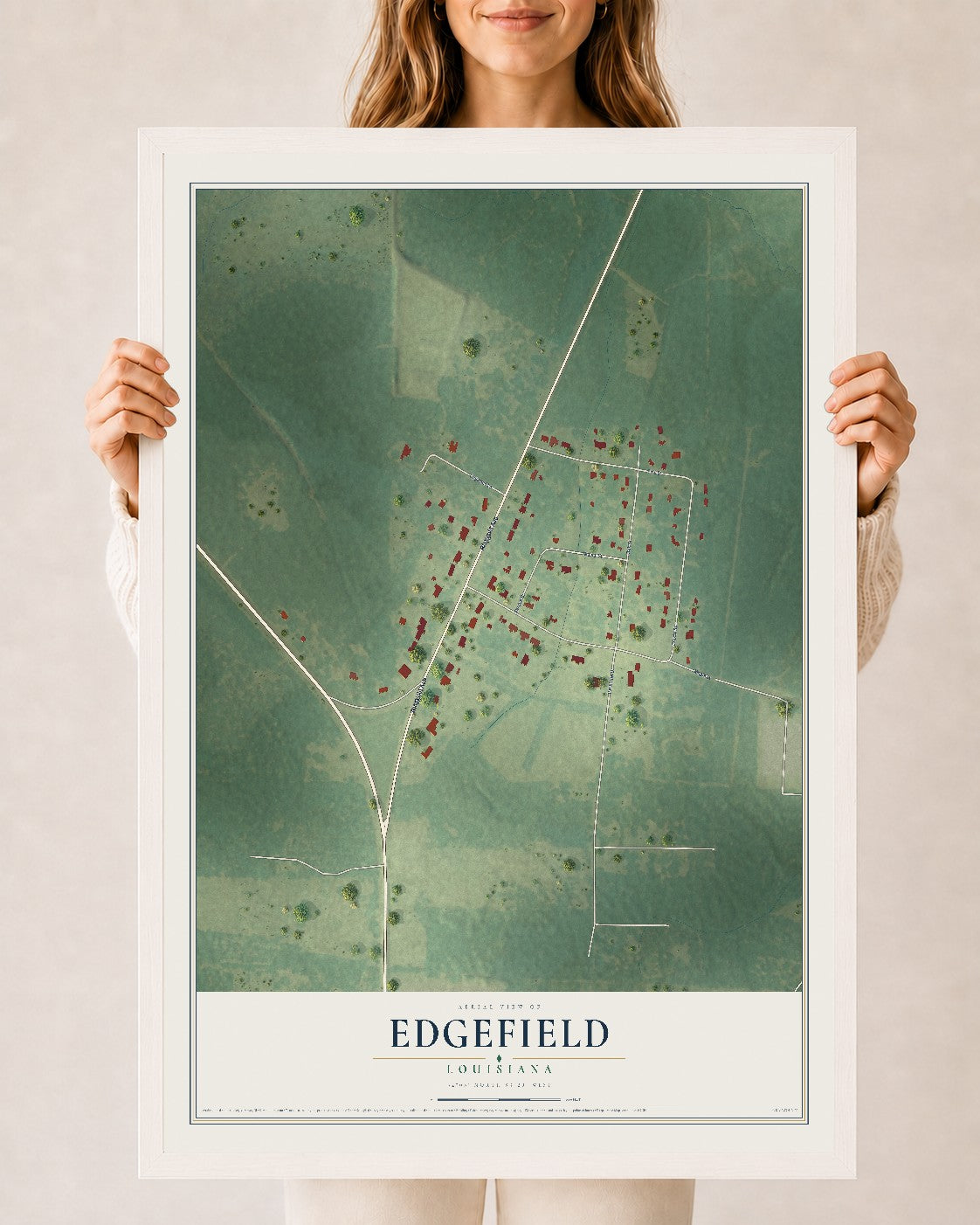 Map of Edgefield, Louisiana, 24 x 36 inch print in a white wood frame