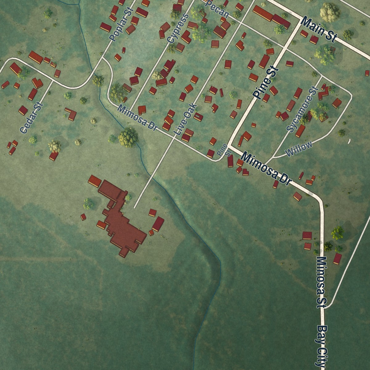 Close-up of the map of Elizabeth, Louisiana print showing street and building detail
